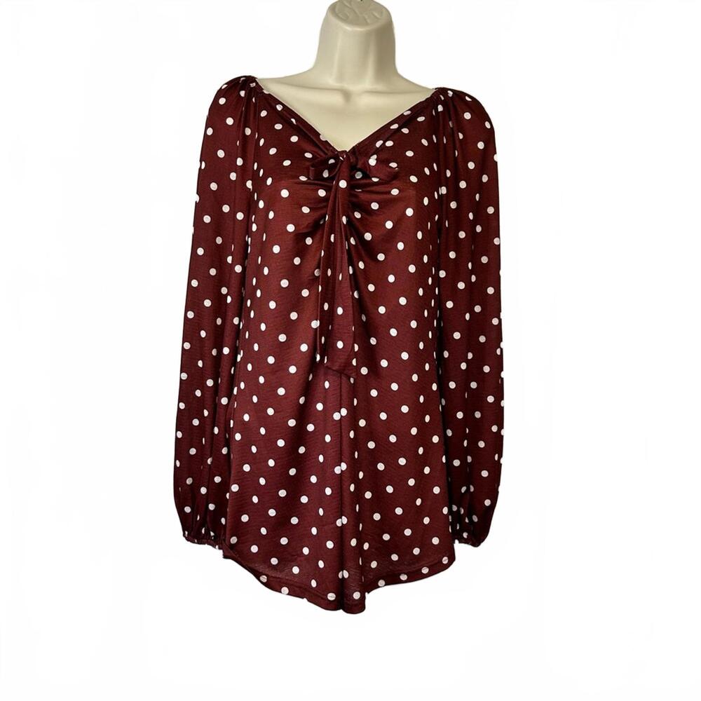 Suzanne Betro Rust Color Tie Front Polka Dot Casual Top | Size Small